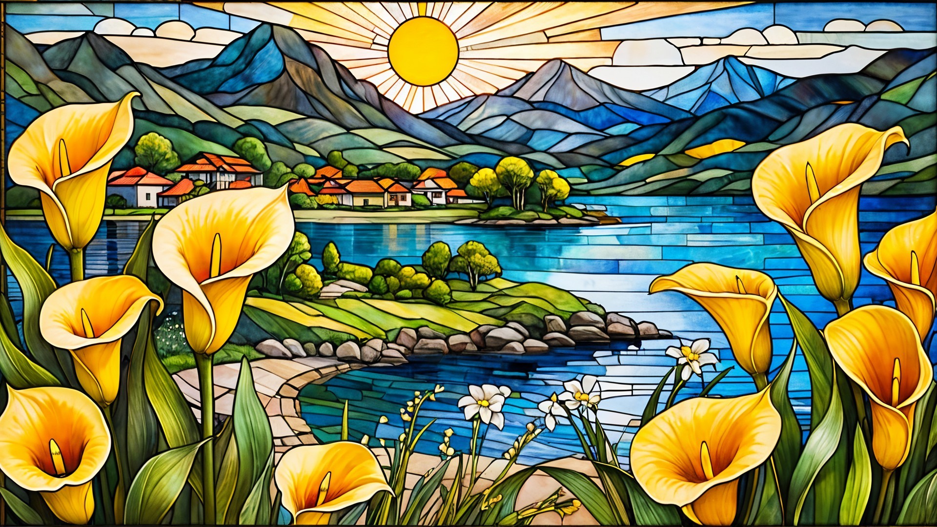 Vibrant Stained Glass Design of Serene Landscape