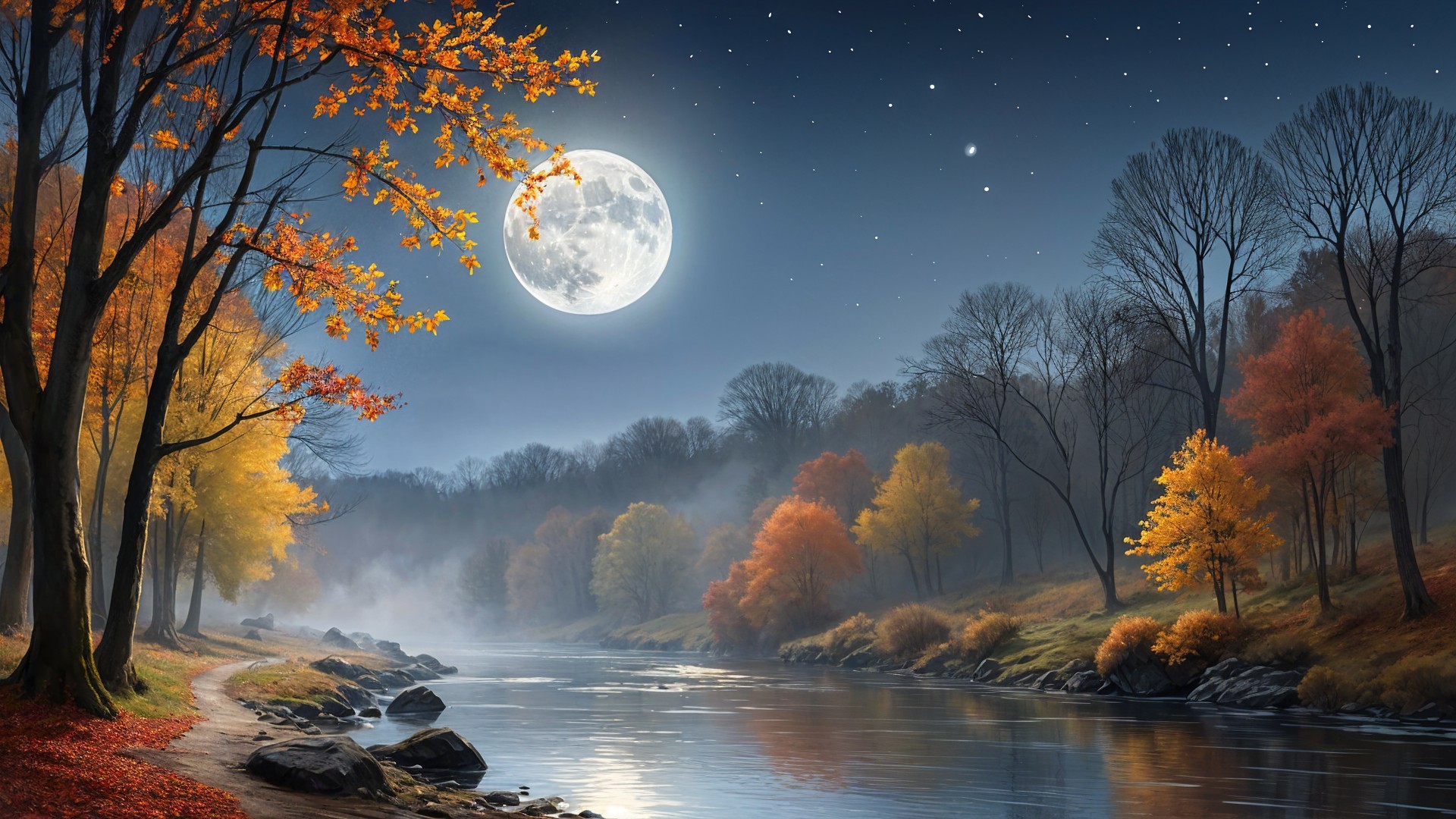 Serene Night Scene with Full Moon and Autumn Foliage