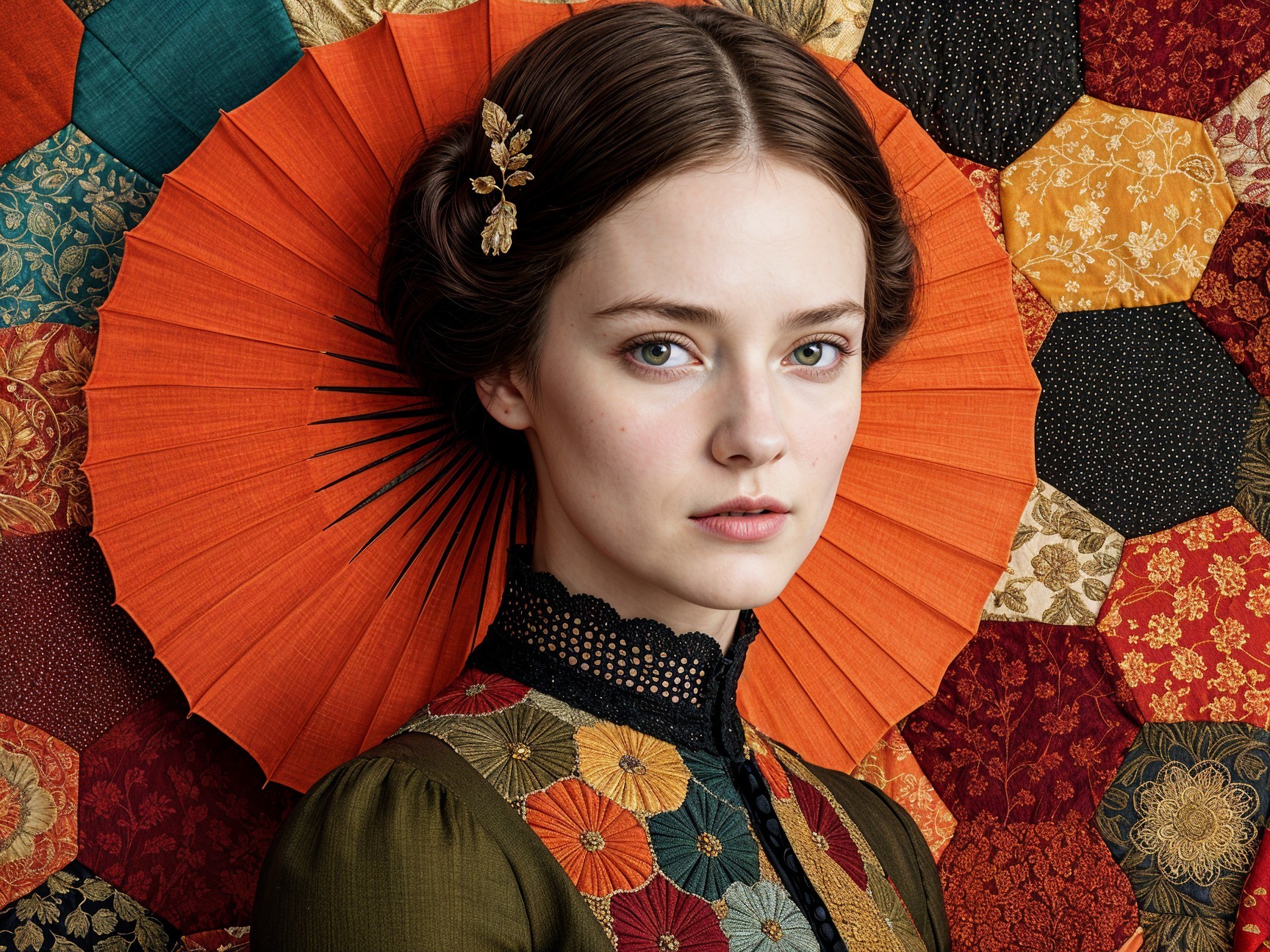 Young woman in floral garment with vibrant backdrop