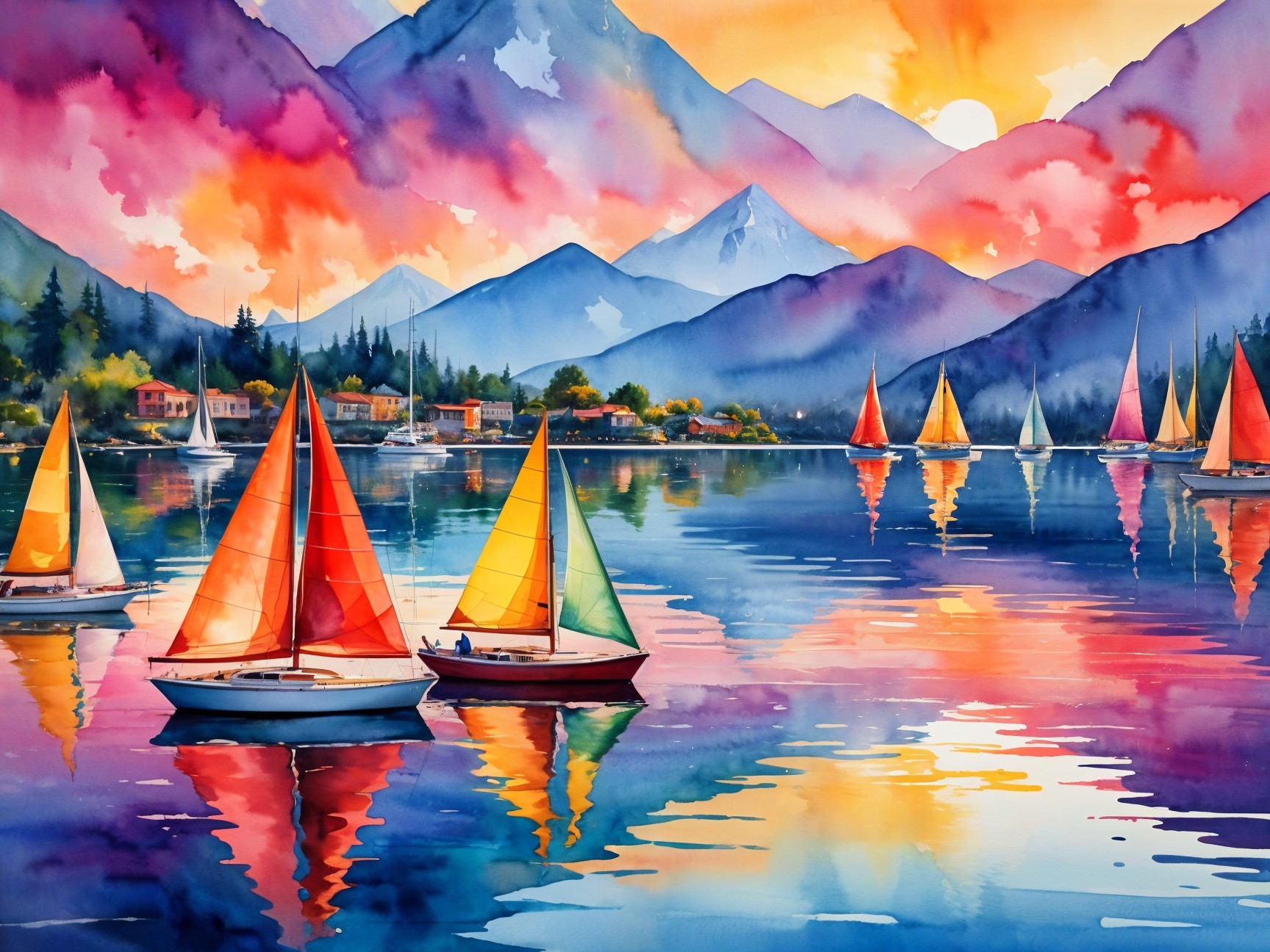 Tranquil Lake Sunset with Colorful Sailboats and Mountains