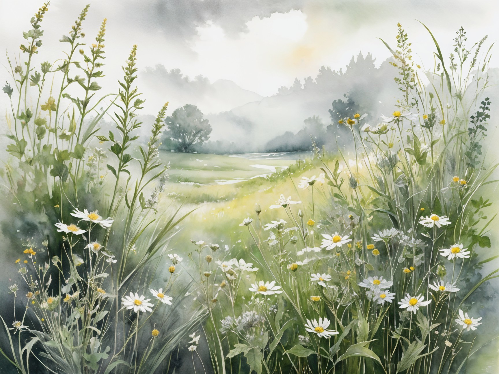 Serene Watercolor Landscape of Lush Meadow and Hills