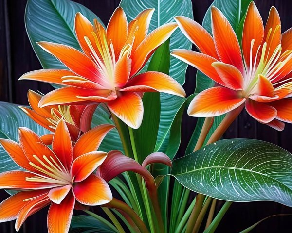 Vibrant Orange Flowers with Green Leaves and Dark Background