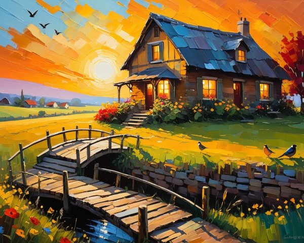 Cottage in Vibrant Landscape at Sunset with Flowers