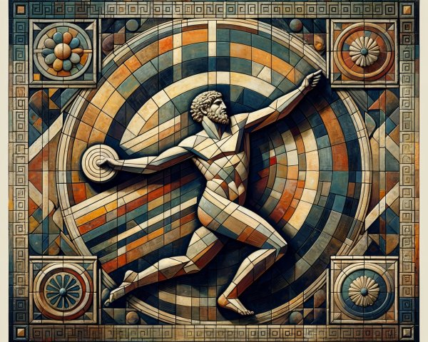 Mosaic of a Discus Thrower with Geometric Background
