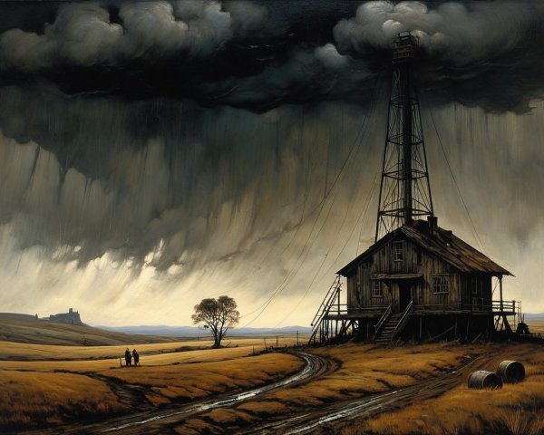 Weathered House Near Oil Rig Under Dramatic Sky