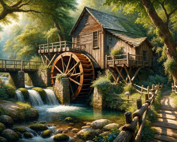 Wooden watermill by stream in lush countryside setting