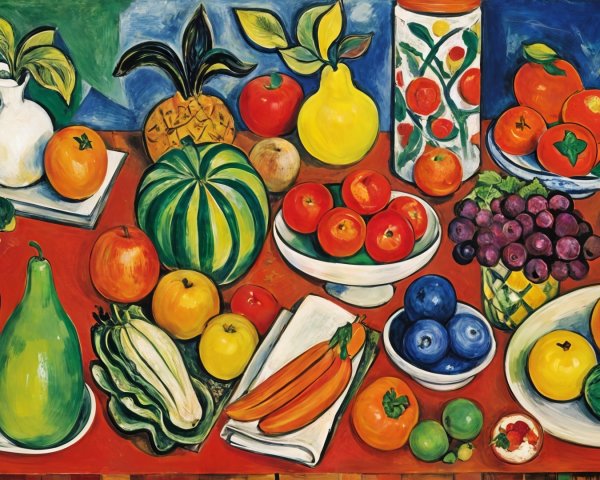 Vibrant Still Life of Fruits and Vegetables on Red Tablecloth