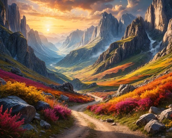 Majestic Mountain Landscape with Vibrant Flowers