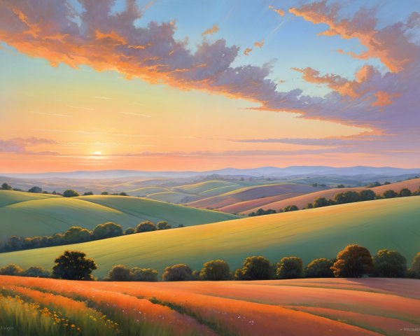Serene Sunset Landscape with Rolling Hills and Fields
