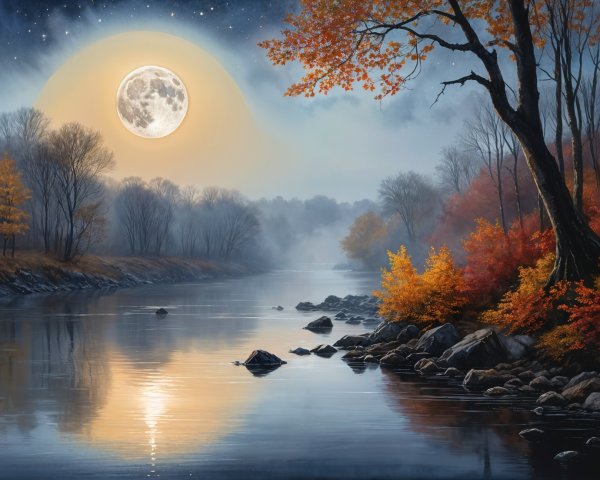 Tranquil Night River Scene with Autumn Foliage