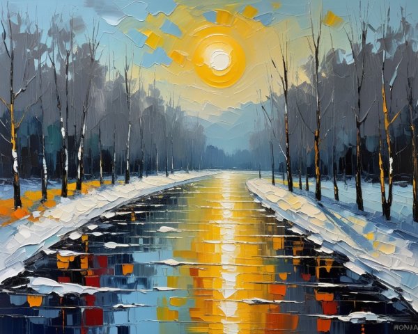 Serene winter landscape with tranquil river reflections
