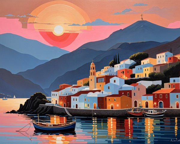 Coastal Village Sunset with Colorful Buildings and Sea