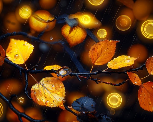 Golden autumn leaves on a wet branch with raindrops
