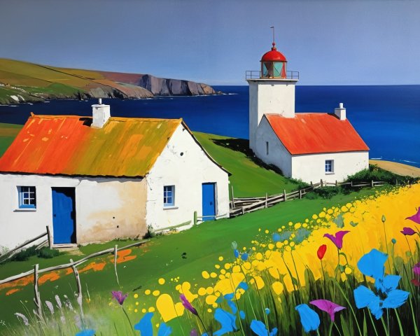 Coastal Landscape with Cottages and Lighthouse Scene