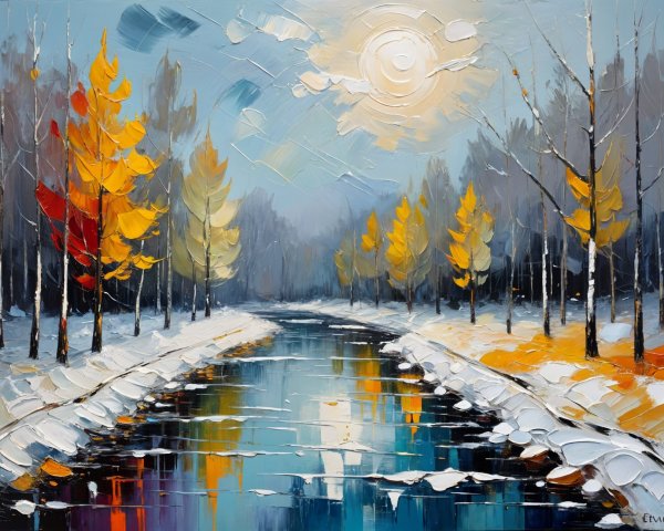 Winter Landscape with River and Autumn Trees