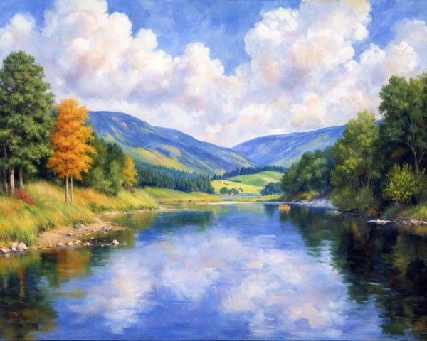 Tranquil River Landscape with Colorful Sky and Hills