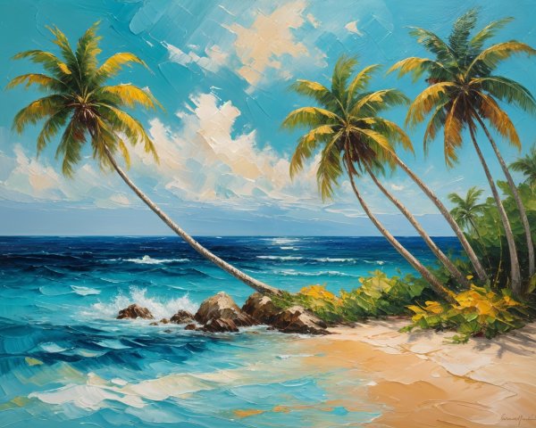 Tropical Beach Landscape with Palm Trees and Ocean Waves
