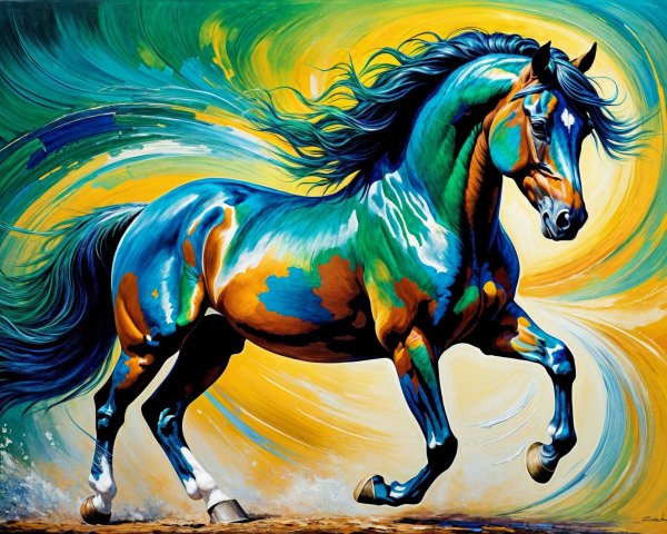 Vivid Painting of a Galloping Horse in Bold Colors