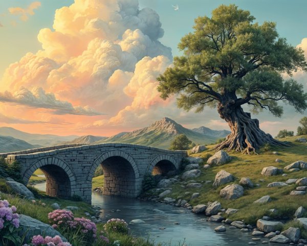 Serene landscape with stone bridge and sunset mountains