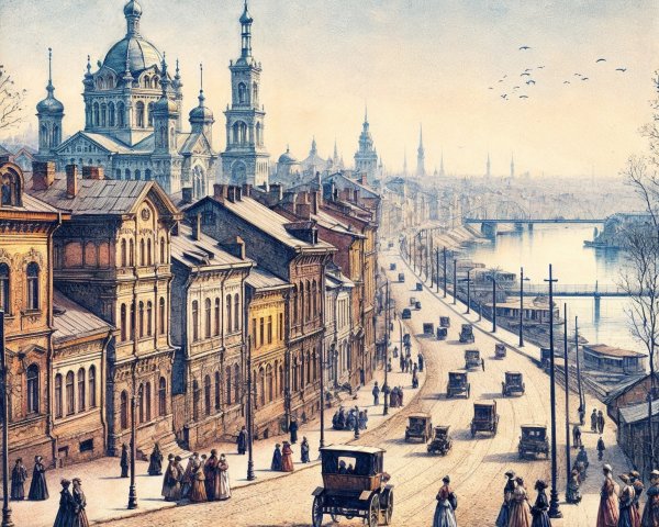 19th-Century City Street with Vintage Transportation