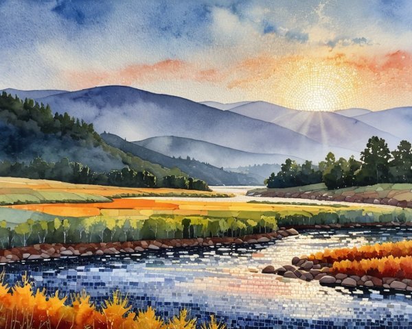 Watercolor Landscape with River and Mountains