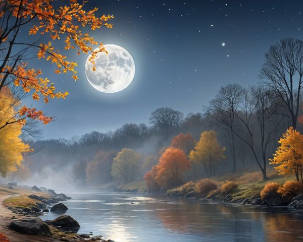 Serene Night Scene with Full Moon and Autumn Foliage