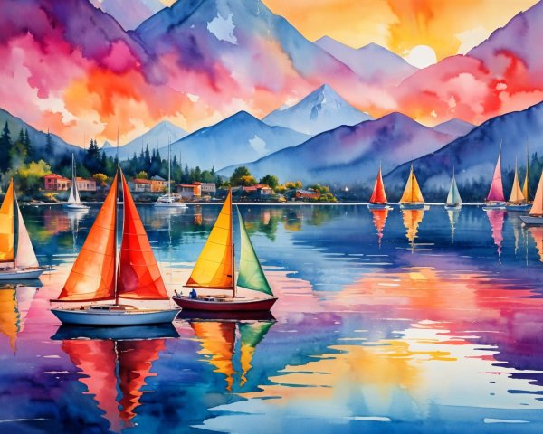Tranquil Lake Sunset with Colorful Sailboats and Mountains