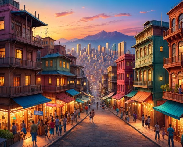 Vibrant Dusk Street Scene with Colorful Architecture