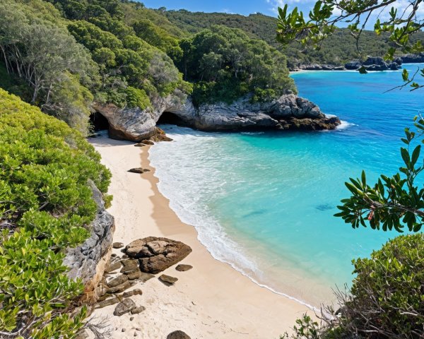 Tranquil Beach Scene with Golden Sand and Turquoise Waters