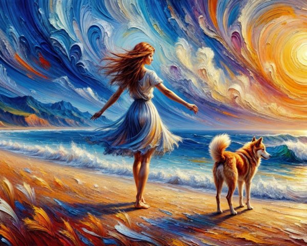 Woman in White Dress at Beach with Shiba Inu Dog