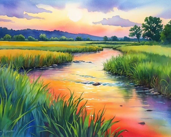 Tranquil Sunset Landscape with Winding River and Hills