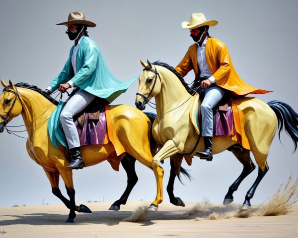 Horsemen in Vibrant Capes Gallop Across Sandy Landscape