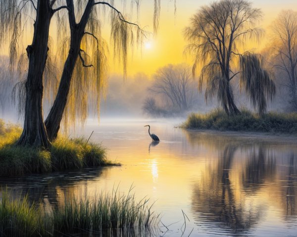 Tranquil Dawn Landscape with River and Crane