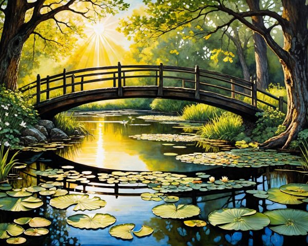 Tranquil Pond Landscape with Lush Greenery and Bridge