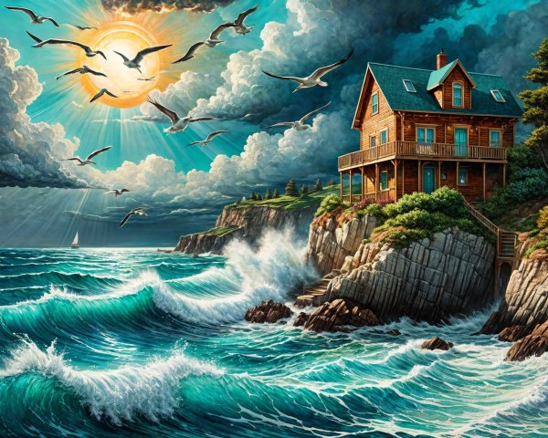 Wooden House on Cliff Overlooking Tumultuous Sea