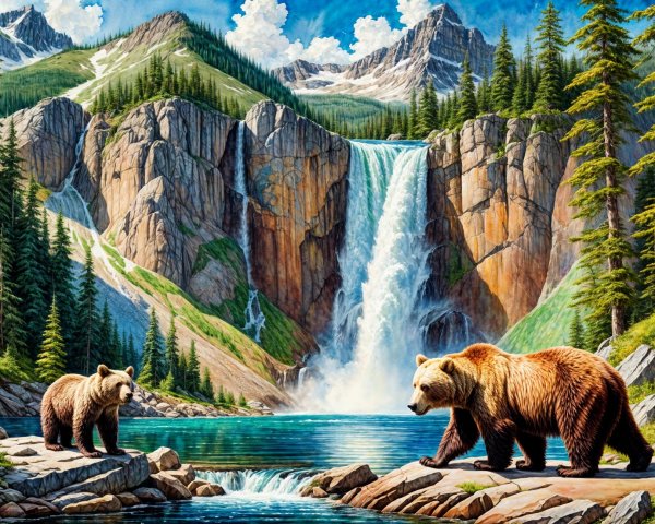 Grizzly Bears by a River in a Majestic Landscape