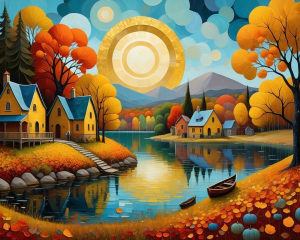 Autumn Landscape with Yellow Houses and Lake Reflections