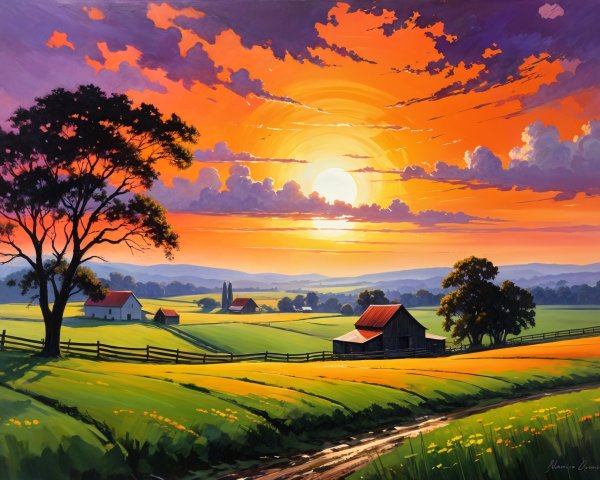 Vibrant Sunset Over Serene Countryside Landscape