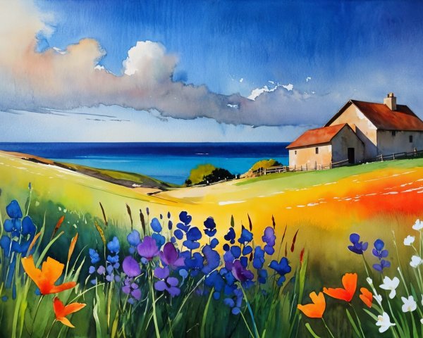 Vibrant Watercolor Landscape of Cottage by the Sea