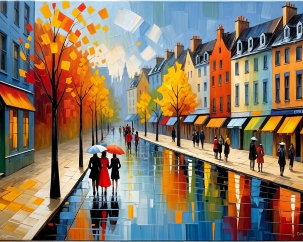 Vibrant Street Scene with Autumn Colors and Umbrellas