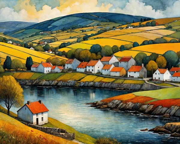 Tranquil River in Lush Golden Fields and Cottages