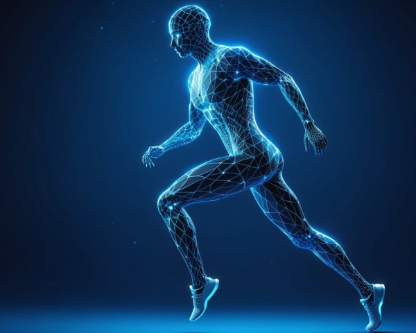 Digitally Rendered Blue Wireframe Runner in Motion