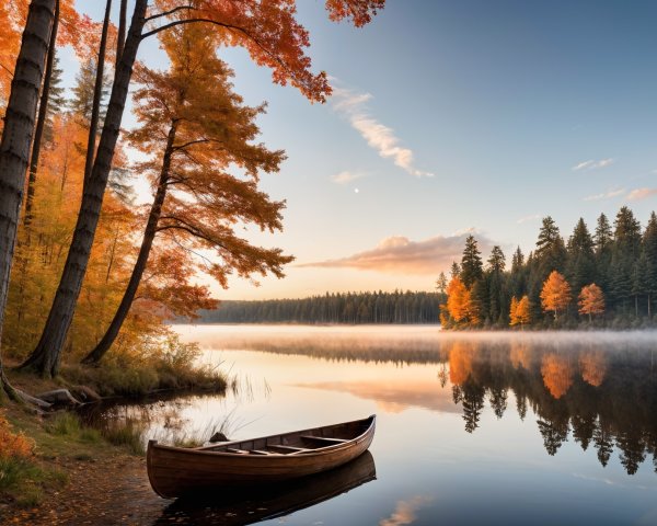 Autumn Lake Scene with Vibrant Foliage and Mist