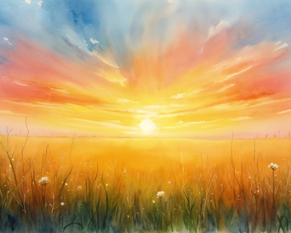Vibrant Watercolor Sunset Over Golden Field Landscape