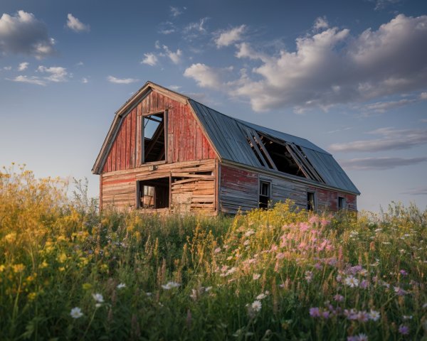 Weathered Barn Surrounded by Vibrant Wildflower Field