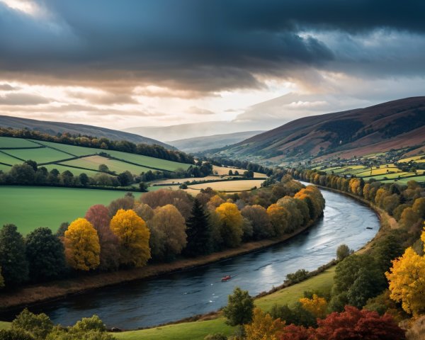 Winding River in a Scenic Autumn Valley Landscape