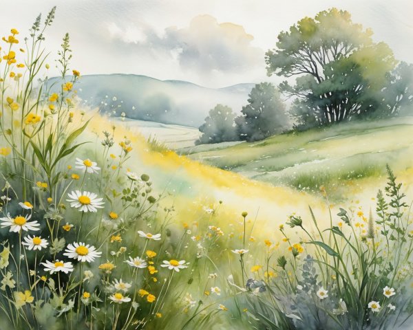 Tranquil Landscape with Rolling Hills and Wildflowers