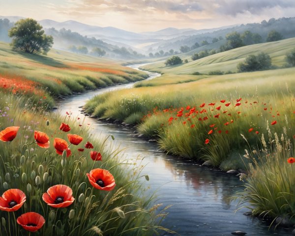 Serene Landscape with River and Vibrant Poppies