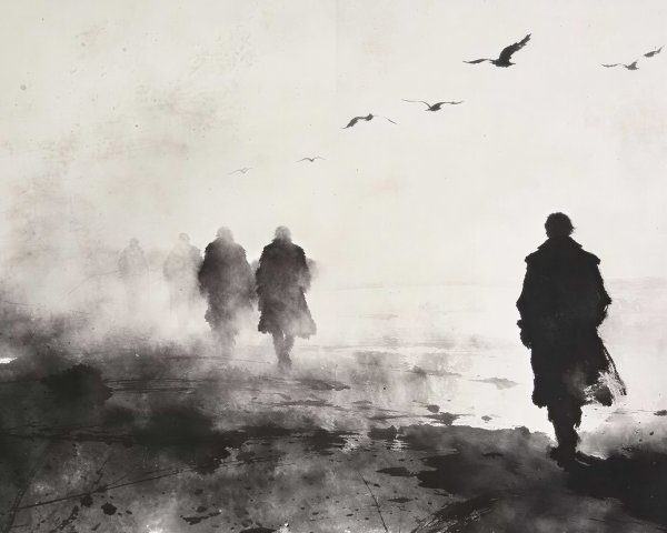 Silhouetted Figures in Hazy Watercolor Landscape