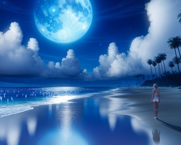 Serene Beach Scene Under a Full Moon Glow
